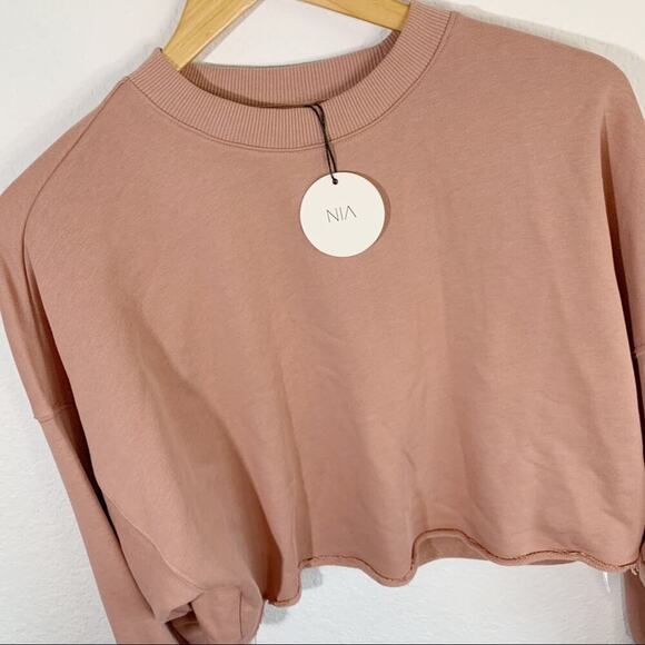 NWT NIA Pandora Long Drop Shoulder Sleeve French Terry Crew Neck Crop Pullover - Picture 6 of 7